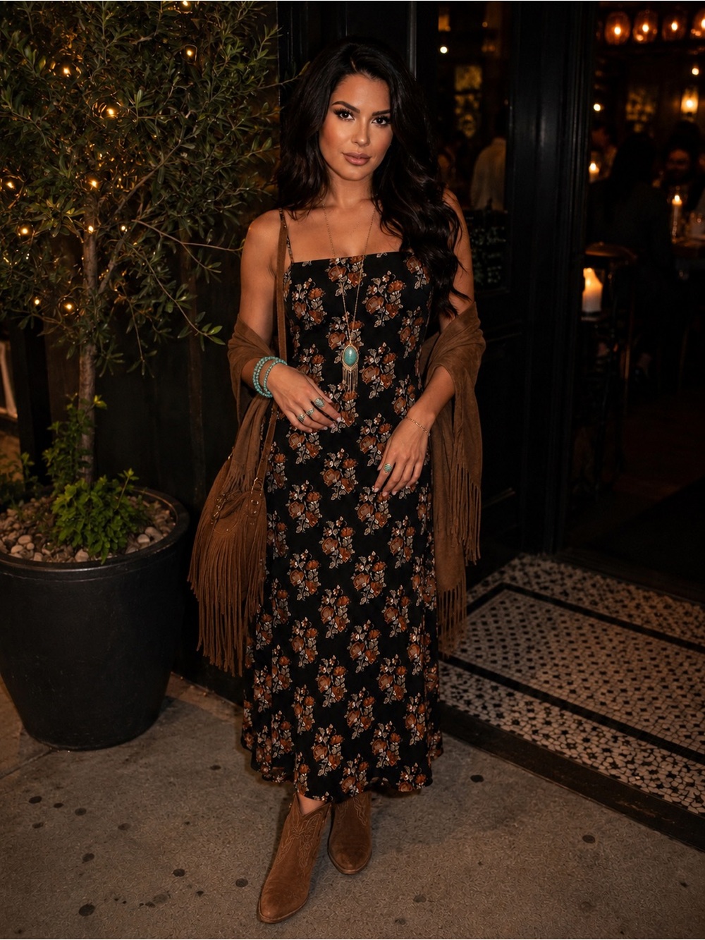 House of Harlow 1960 Midi Dress in Black and Brown floral